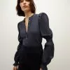 Veronica Beard Effy Mixed-Media Poet-Sleeve Top -Veronica Beard Sales 2023 J2309JY020S0379 NAVY PRODUCT 01