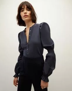 Veronica Beard Effy Mixed-Media Poet-Sleeve Top