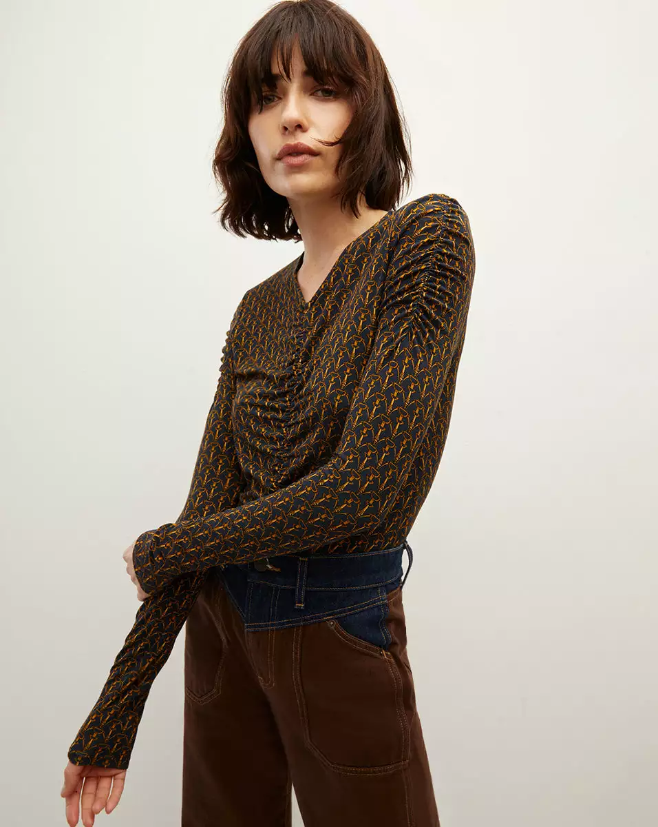 Veronica Beard Neeta Stirrup-Print Ruched Top 1 Veronica Beard Neeta Stirrup-Print Ruched Top