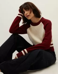 Veronica Beard Ralie Raglan-Sleeve Pullover -Veronica Beard Sales 2023 J2309KD15K0213 IVORY MAROON PRODUCT 03